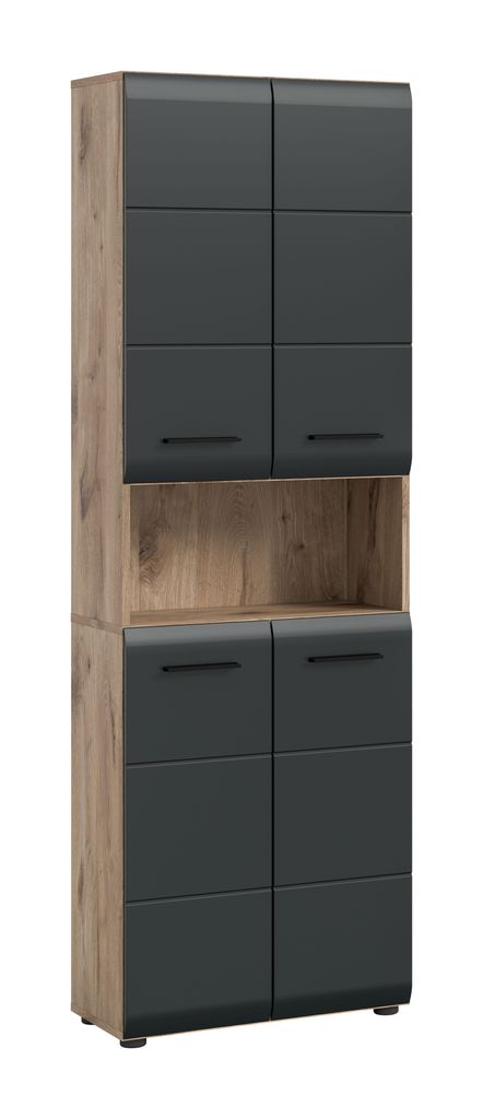 Stauraumschrank Bad, mit 4 Türen, 4 Einlegeböden, offenes Fach, matte Front, schwarz, Höhe 185 cm, furnling Ivy
