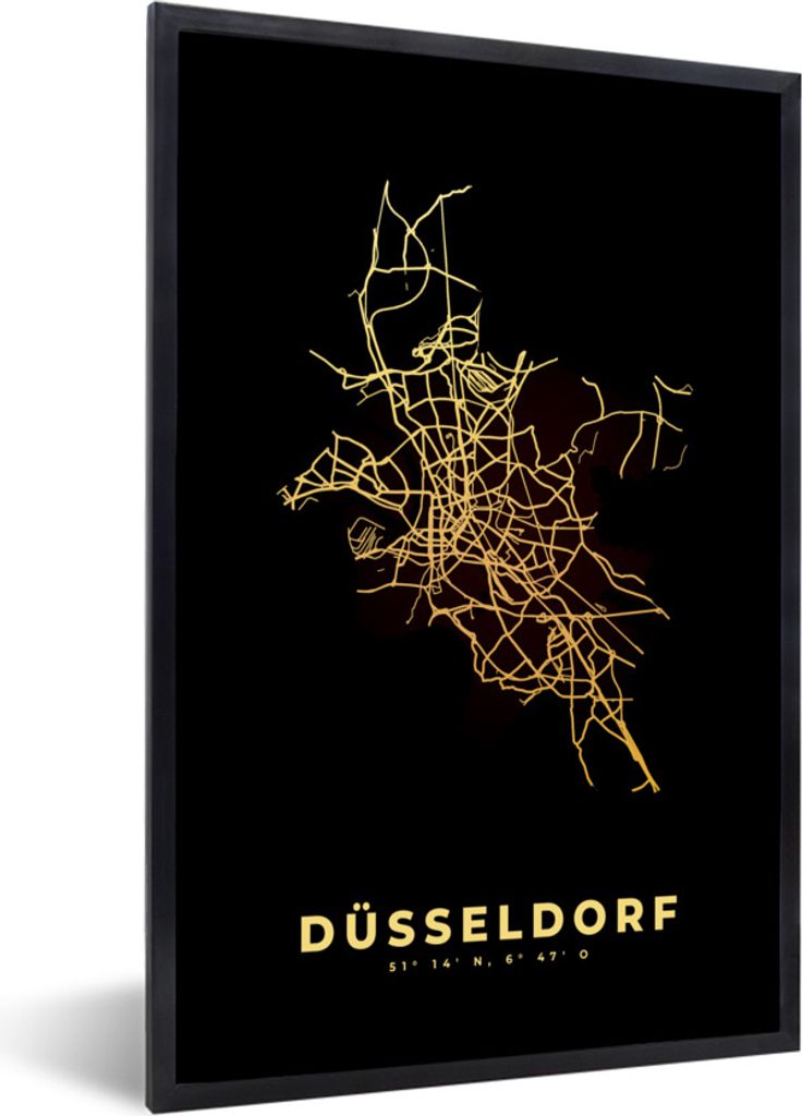 MuchoWow Gerahmtes Poster Karte - Gold - Düsseldorf - Stadtplan 60x90 cm - Poster mit Schwarzem Bilderrahmen Wandposter Rahmen Foto Bilder - Kunst