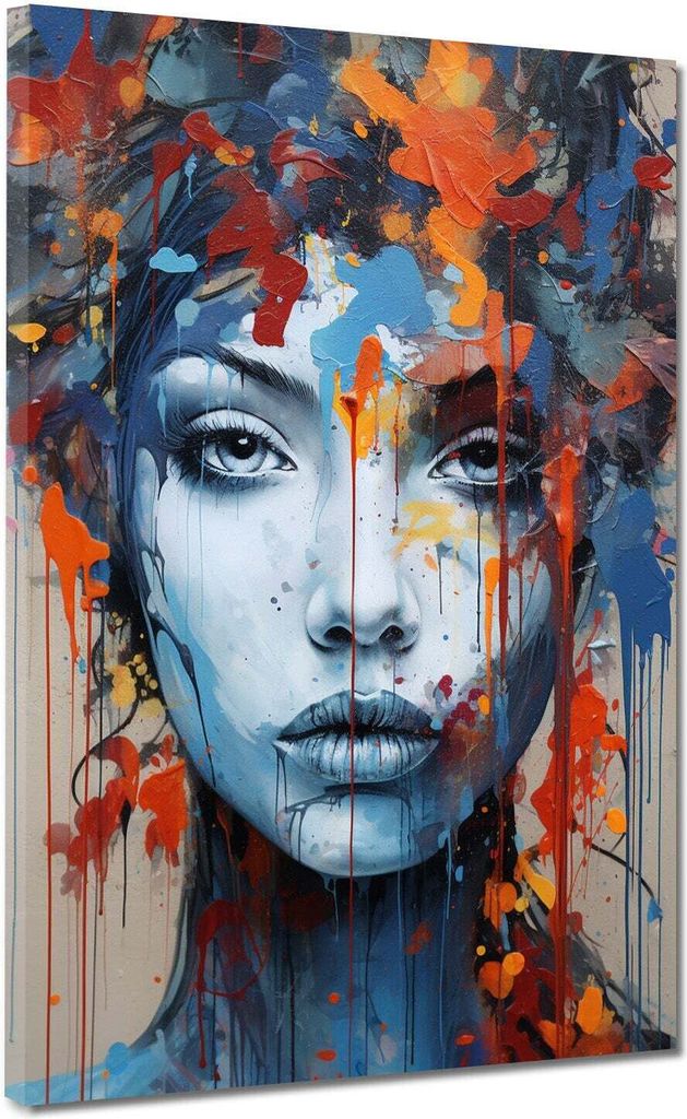 Face Blue Style Gesicht Leinwandbild Wandbild Kunstdruck XL Wanddeko Frau: 60x80x4cm