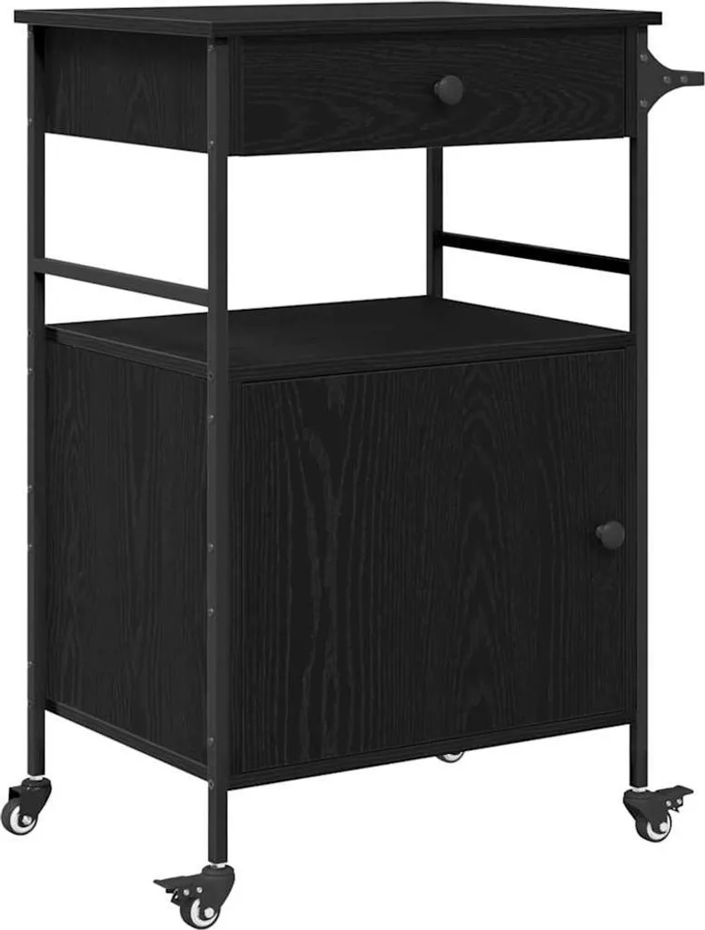 Carrello Cucina 56x43x89,5 Acciaio Nero e Legno Effetto Rovere