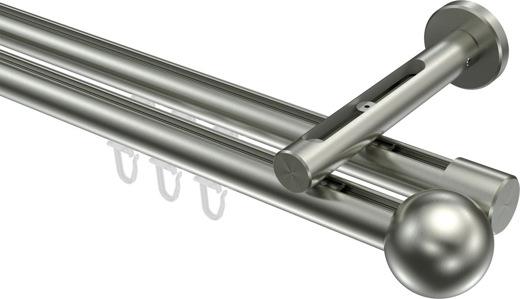 Interdeco Innenlaufstange / Gardinenstange mit Innenlauf Edelstahl-Optik, Typ Siteno Luino (Kugel), 20 mm Ø 2-läufig, 200 cm