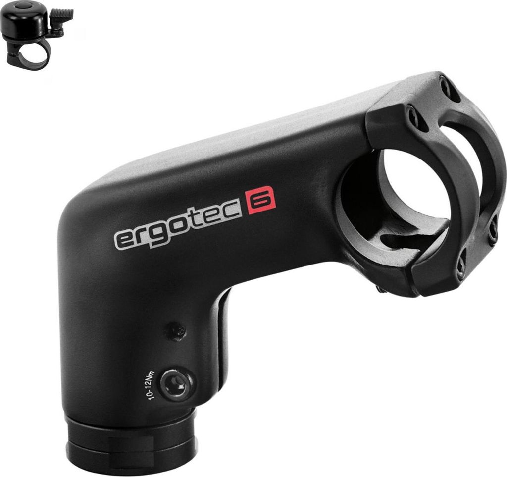 Ergotec Aluminium Vorbau Barracuda I mit Einstellring / 31,8 Ø L = 110 mm mit Sicherheitsstufe 6 inkl. Fahrradklingel