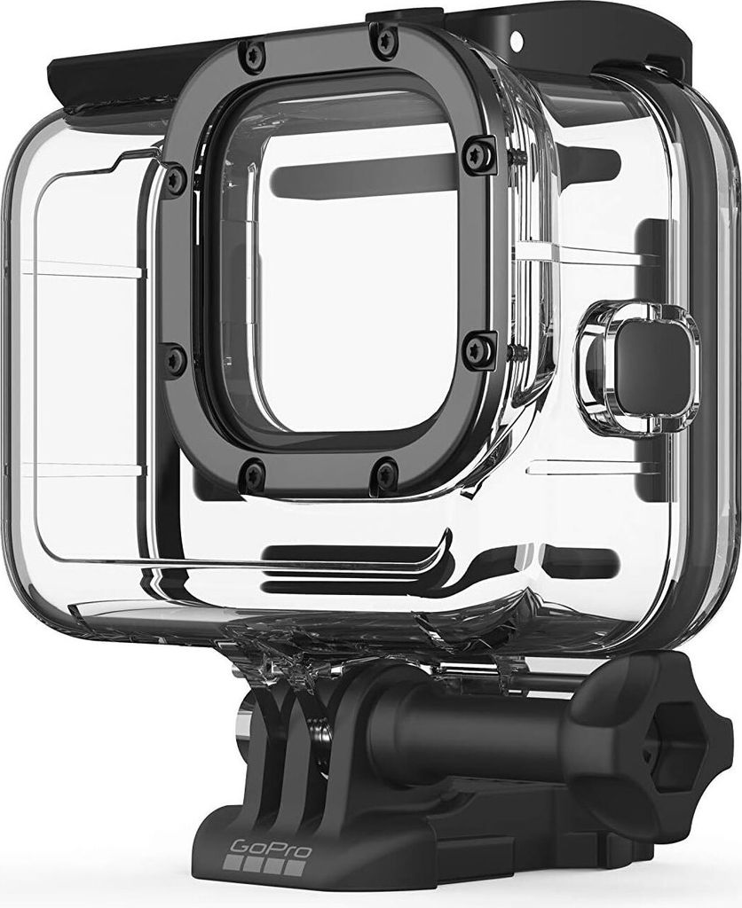 A clear, studio shot of a black and clear GoPro protective housing.