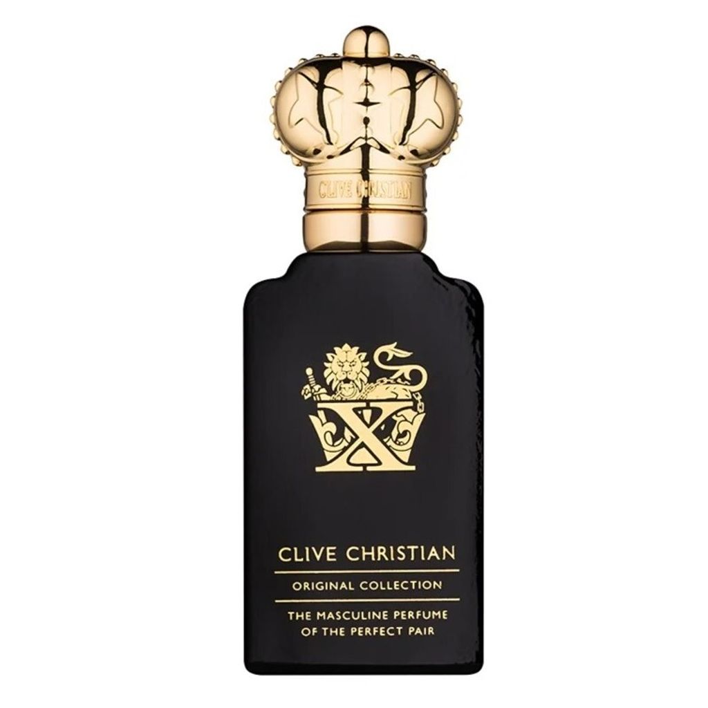 A black bottle of Clive Christian Original Collection X Homme perfume with a gold crown cap and gold emblem on the front.