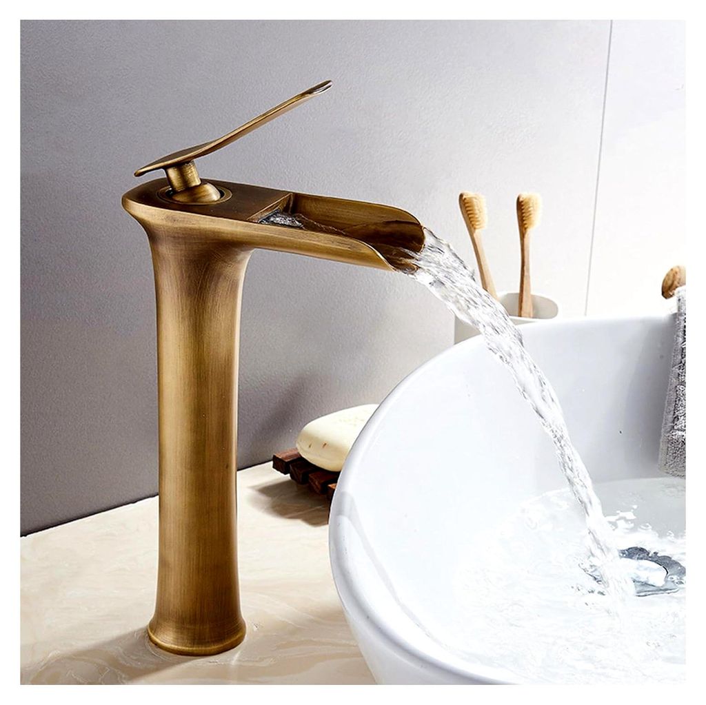 Antike Kupfer-Wasserfall-Badezimmerarmatur mit hoher Öffnung für Aufsatzwaschbecken, verleiht Ihrem Badezimmer Vintage-Charme und Eleganz.