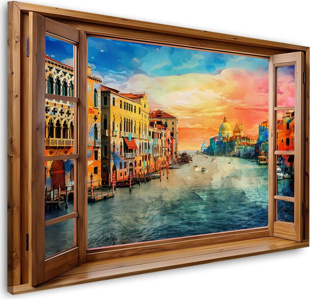 Fensterblick auf Italien Venedig mit Canal Grande und Sonnenuntergang Wanddeko: 60x40x2cm