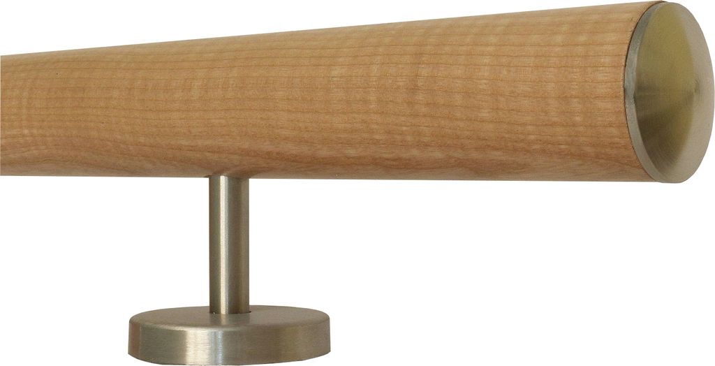 TIBU Esche Holz Handlauf Geländer 0,3m - 5m, Länge 130 cm, Ende leicht gewölbte Edelstahlkappe und 2 gerade Halter