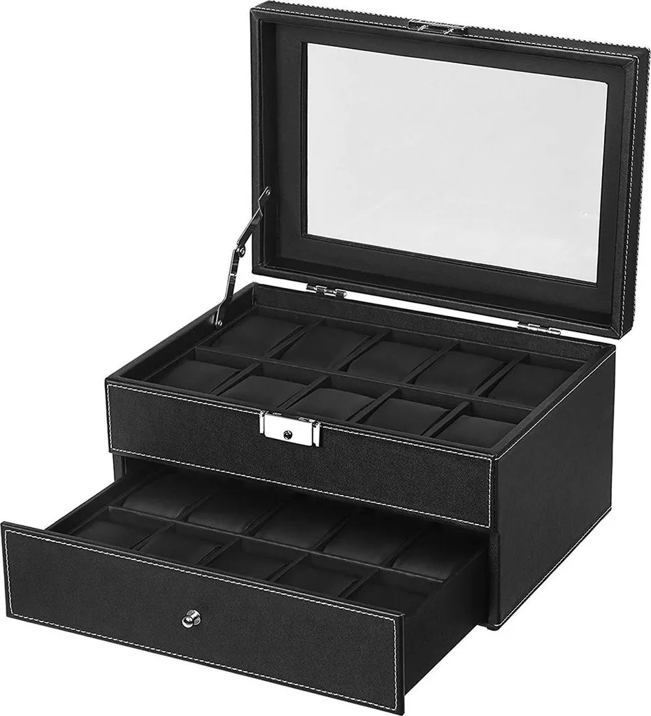 Coffret pour 20 montres avec tiroir en bois noir et velours intérieur
