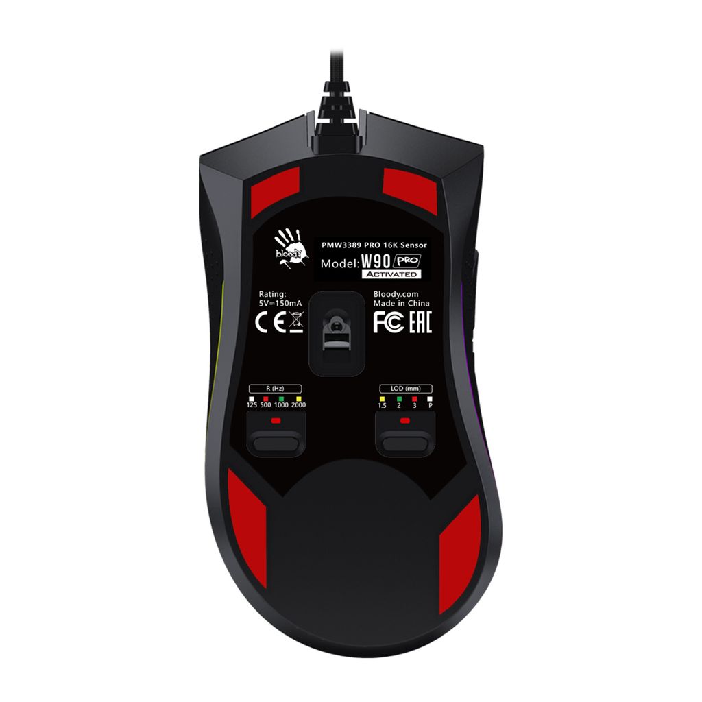 The underside of a black gaming mouse with red accents.