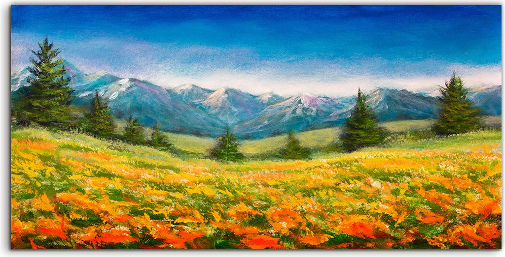 Coloray Canvas 140x70 Wandbild Leinwand Bilder Blumen auf dem Bergfeld Landschaft