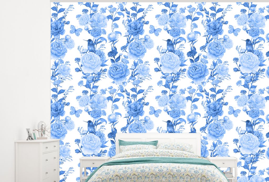 MuchoWow Fototapete für Wohnzimmer oder Schlafzimmer Wandtapete Vinyl Motivtapete Blumen - Rosen - Blau - 325x260 cm - Tapete