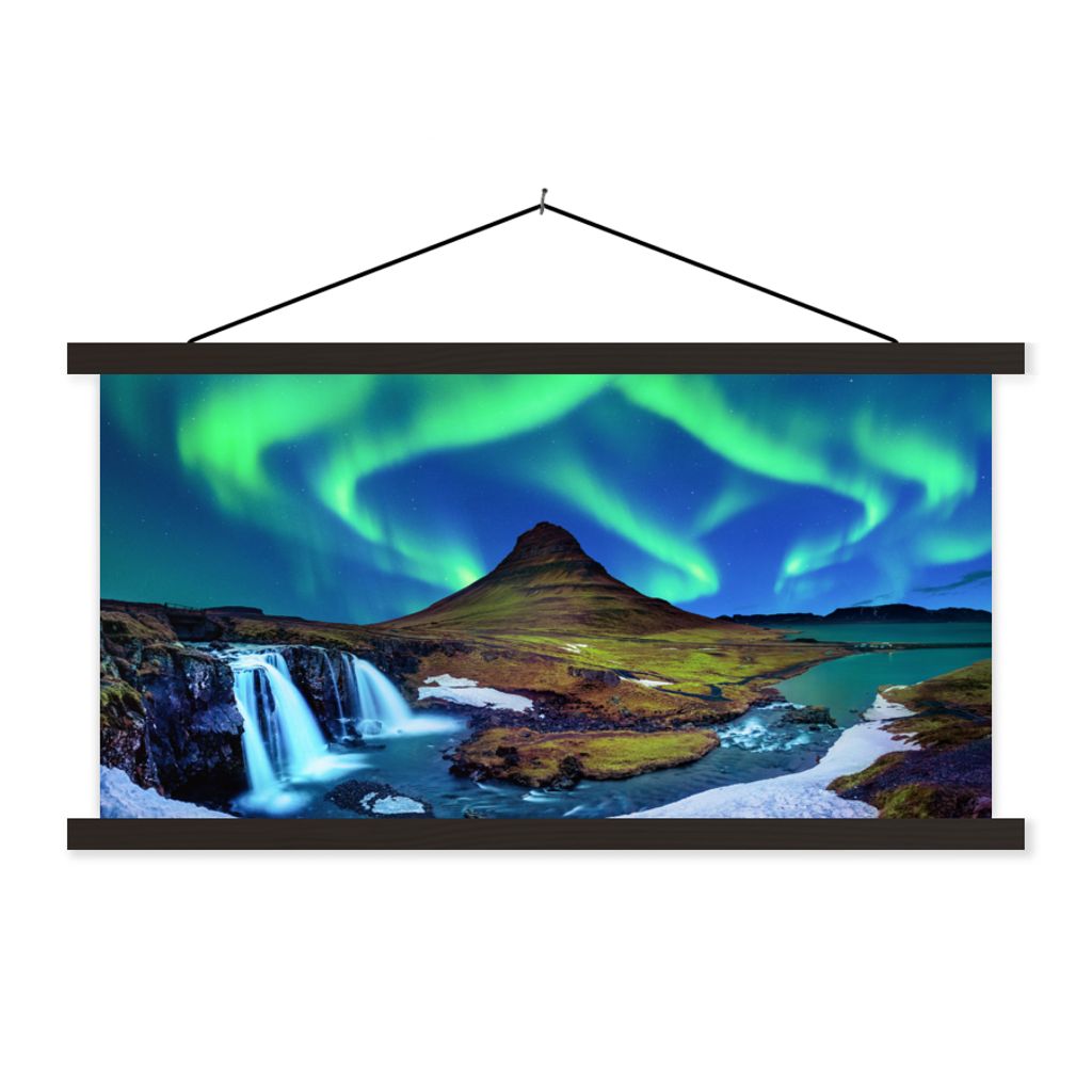 MuchoWow Textilposter Nordlicht - Sternenhimmel - Island - Berg - Grün - Wasserfall - See 60x30 cm mit schwarzem Rahmen - Textilien