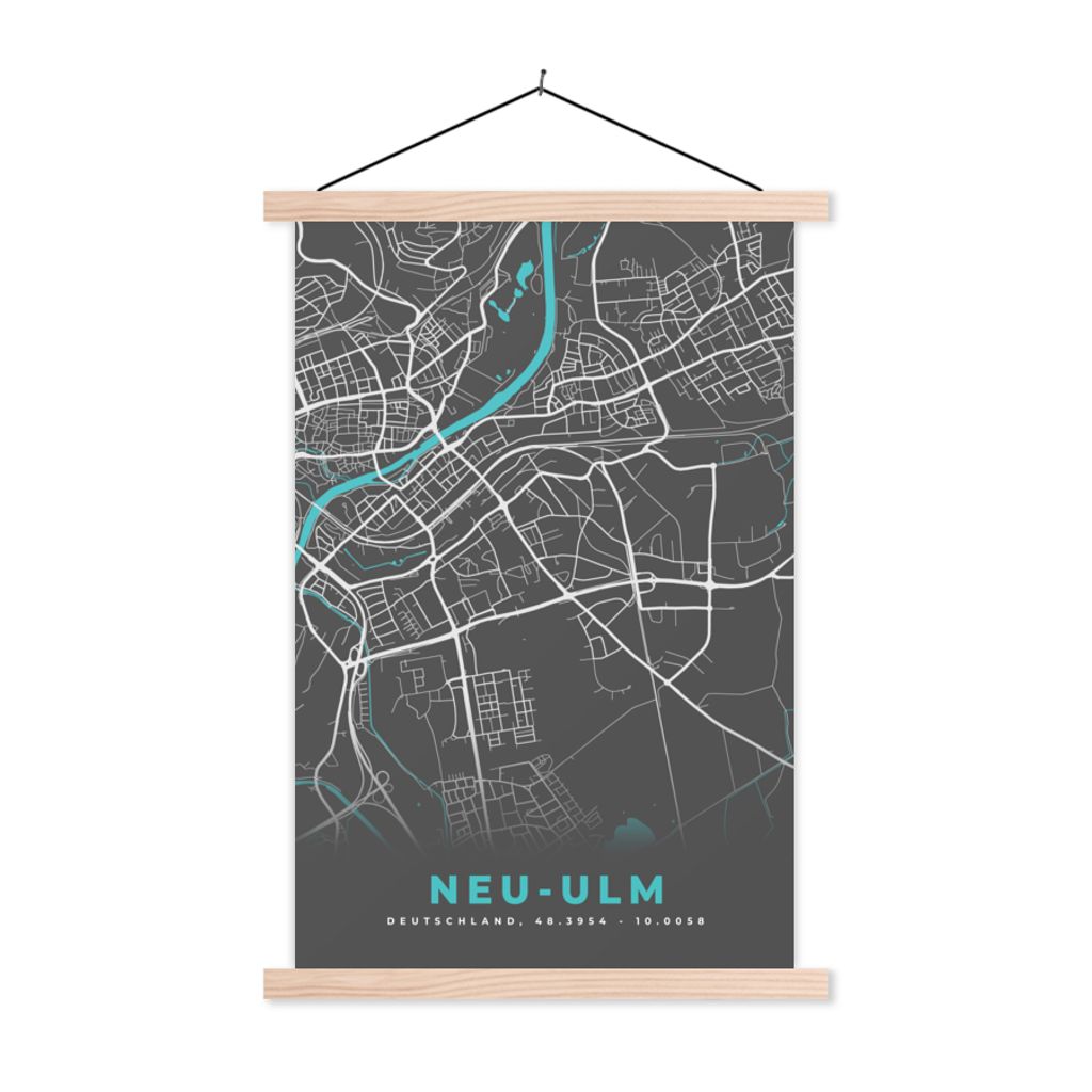 MuchoWow Textilposter Stadtplan - Neu Ulm- Blau - Stadtplan - Deutschland 40x60 cm mit holzfarbenen Rahmen - Poster
