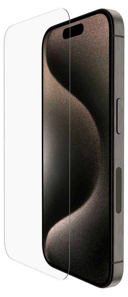 A screen protector is shown placed on an iPhone.