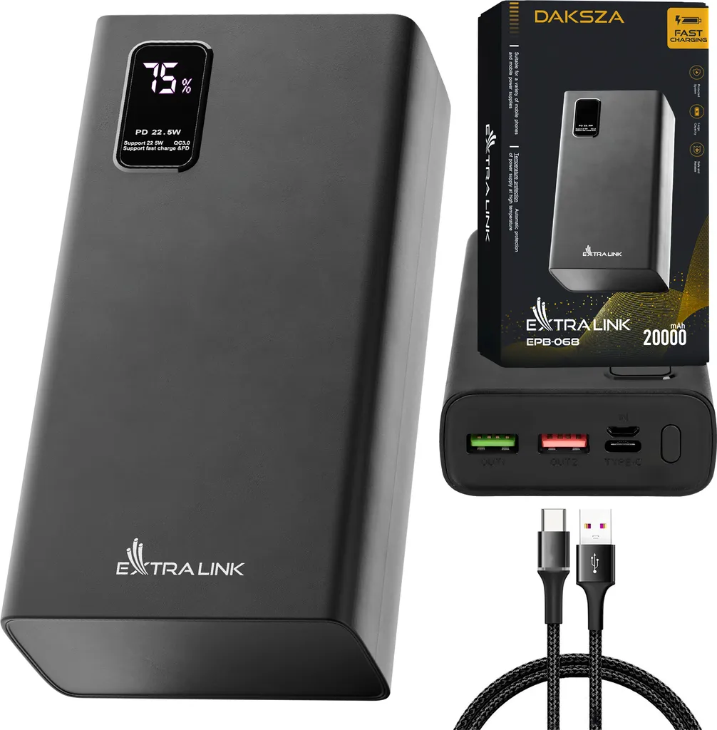 Power Bank 20000mAh USB-C Charge Rapide Extralink EPB-068 de Noir