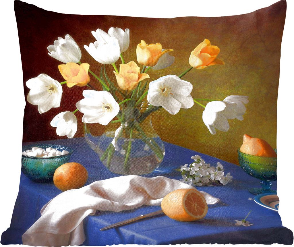 MuchoWow Zierkissen Sofakissen Wohnzimmer Dekokissen 45x45 cm Stilleben - Vase - Obst - Schlafpolster - Polster für das Sofa