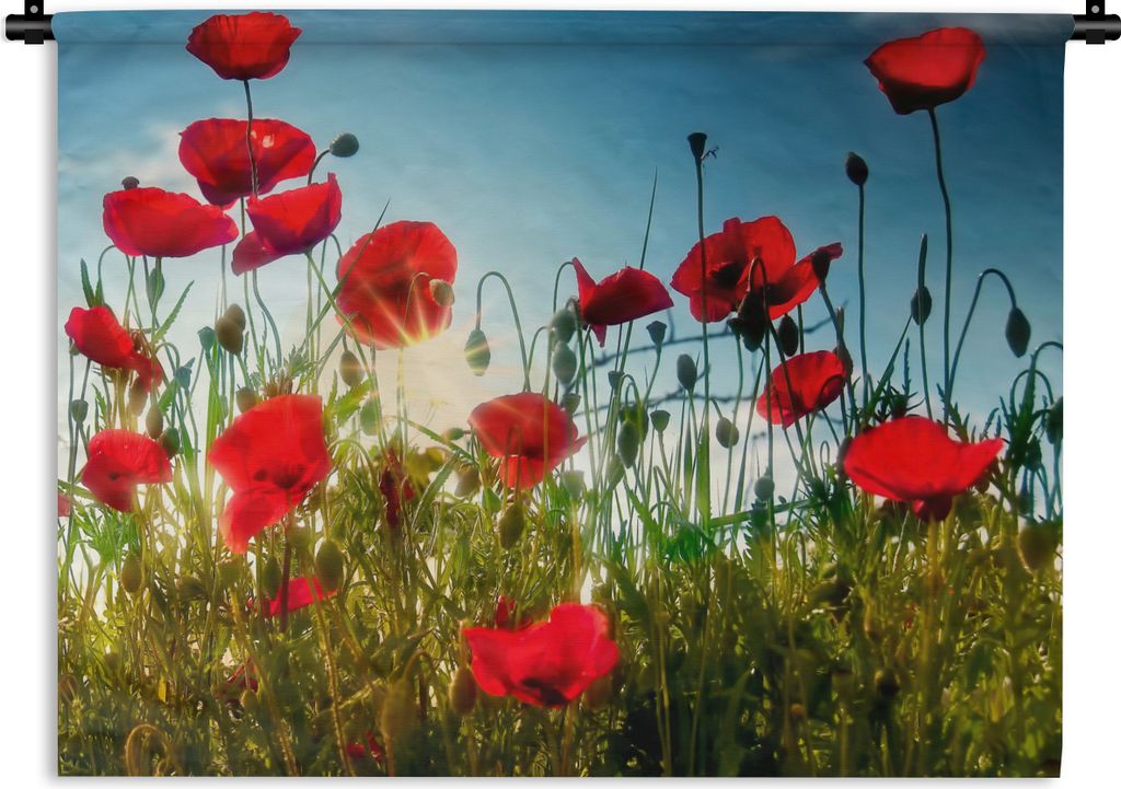 MuchoWow Wandteppich Wandbehang Mohnblumen - Toskana - Sonne - Rot - Blau 120x90 cm Tapisserie Dekoration Wandtuch - Wohnen - Aufhänger für die...