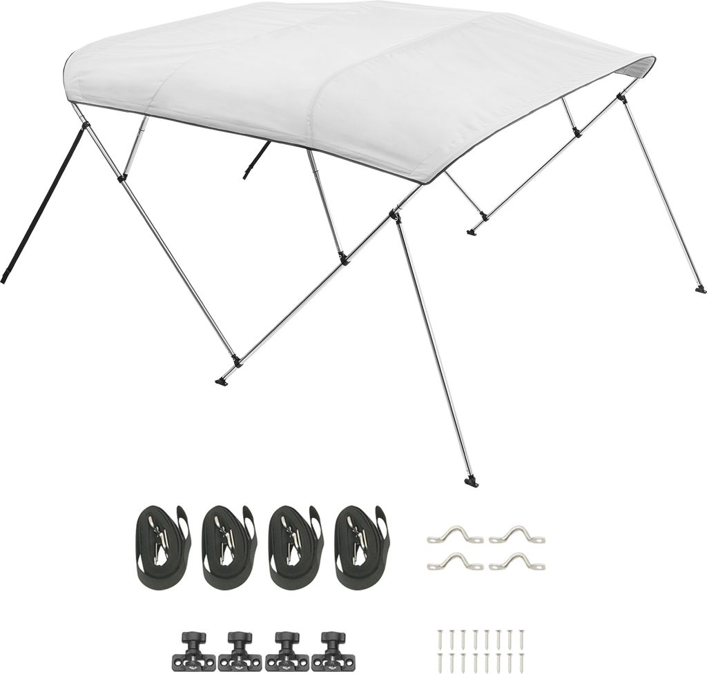 A white boat canopy with its supporting frame and accessories laid out below against a white background.