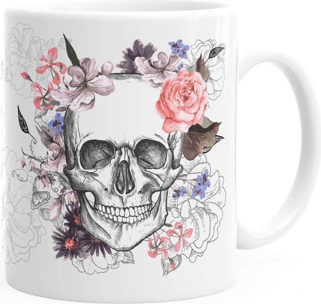 Kaffee-Tasse Totenkopf Blumen Flower Skull Boho Schädel Teetasse Keramiktasse Autiga weiß Kaffeetasse