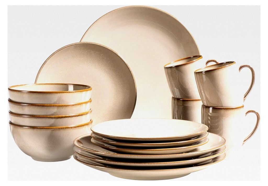 16-teiliges Geschirr-Set für 4 Personen im mediterranen Vintage-Stil, sandgrau, Keramik