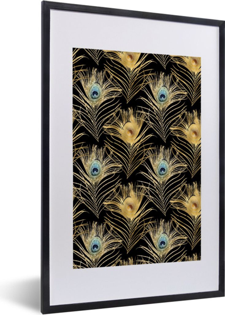 MuchoWow Gerahmtes Poster Muster - Pfauenfedern - Gold 40x60 cm - Poster mit Schwarzem Bilderrahmen Wandposter Rahmen Foto Bilder - Poster in Rahmen