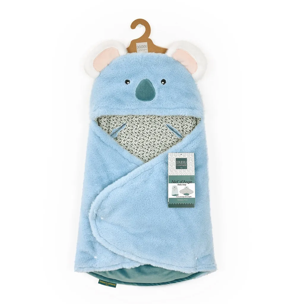 Plaid Bébé Capuche Doudou Peluche Koala Bleu 70 cm pour Sieste et Sortie