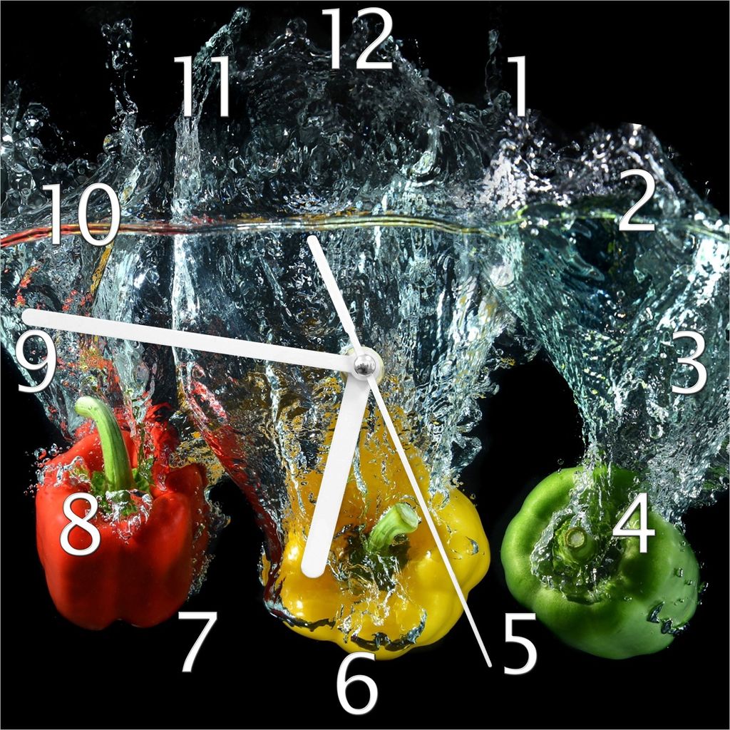 Wallario Design Wanduhr Paprika-Mix - frische Paprika in rot, gelb und grün im Wasser aus Echtglas, Größe 20 x 20 cm