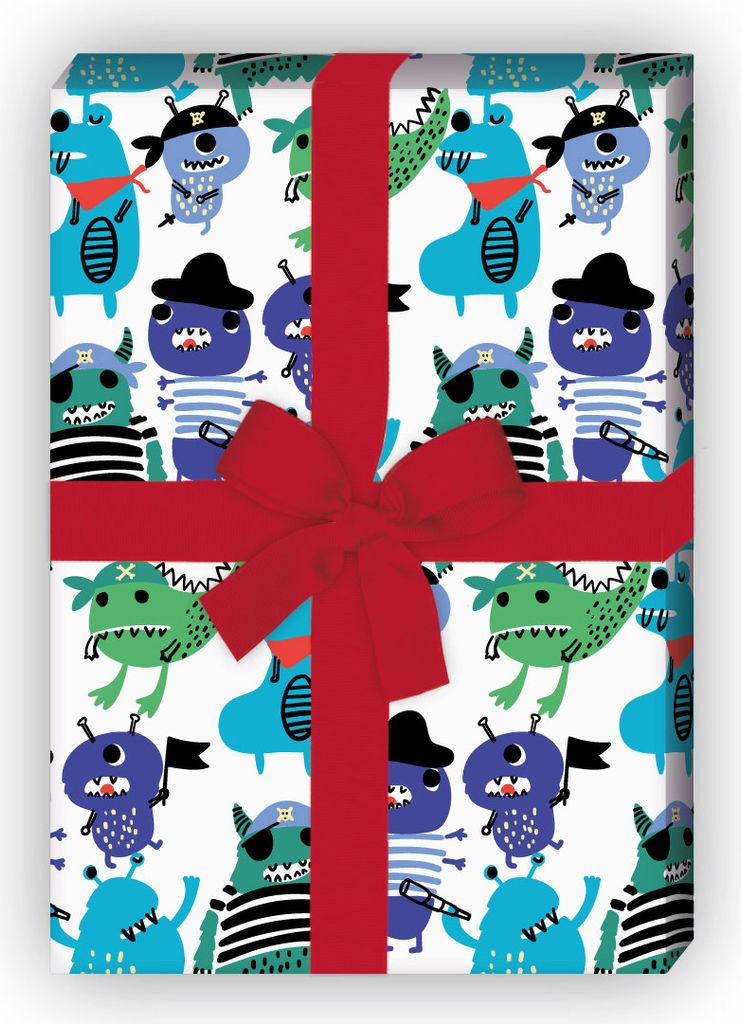 Cooles Party Animal Geschenkpapier Set mit Piraten Monstern, weiß - G11908, 32 x 48cm