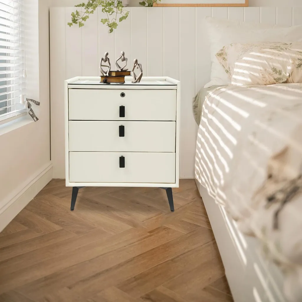 Commode de nuit connectée avec 3 tiroirs et port de charge USB Beige