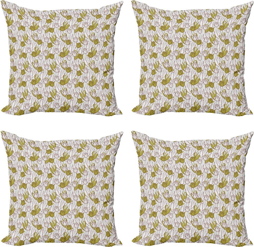 ABAKUHAUS Tulpe Kissenbezug Set (4 Stück), Bouquets Garten Theme Blatt, Moderner Doppelseitiger Digitaldruck, 50 cm x 50 cm, Olivgrün Weiß Grau