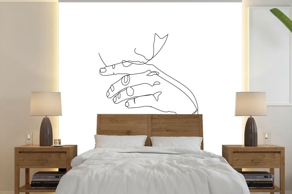 MuchoWow Fototapete für Wohnzimmer oder Schlafzimmer Wandtapete Vinyl Motivtapete Hand - Mund - Strichzeichnung - 220x220 cm - Tapeten