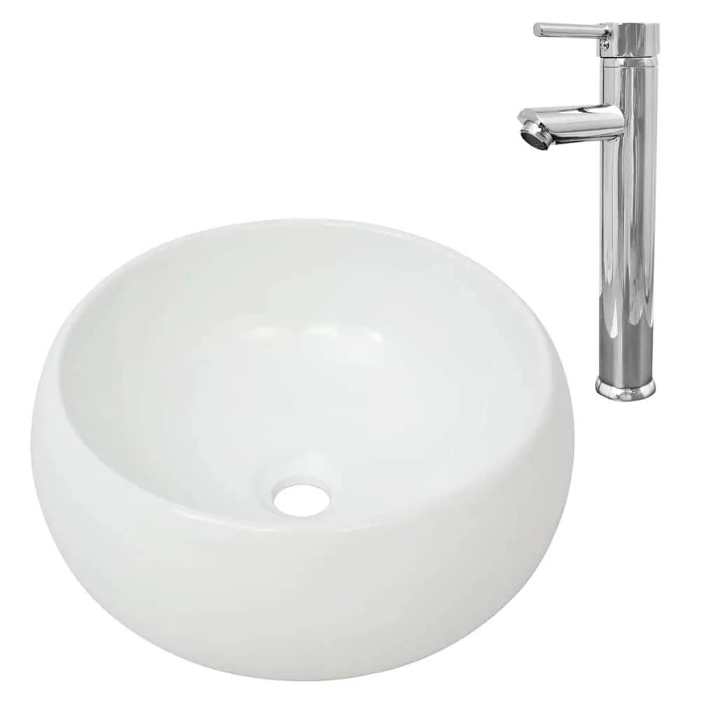 Lavabo da Appoggio vidaXL Rotondo in Ceramica + Miscelatore Cromo