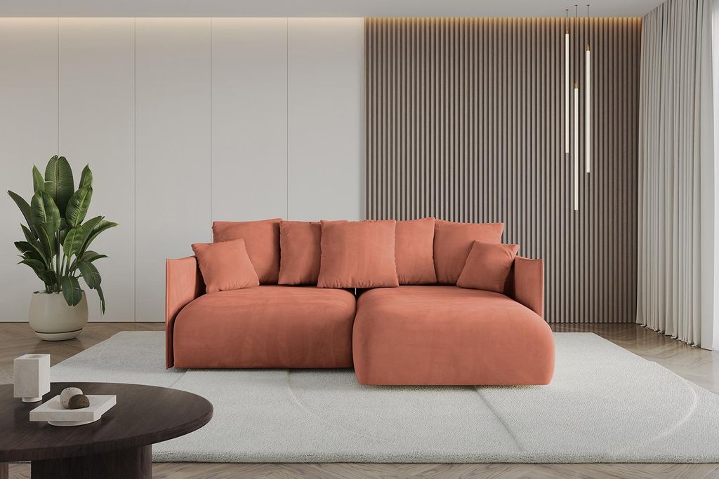 ALTDECOR Ecksofa mit Schlaffunktion und Bettkasten ONESK-L 216x177x72 cm Apricot - Corner Sofa Eckcouch Couch L-Form angeordnet Schlafcouch Auszieh...