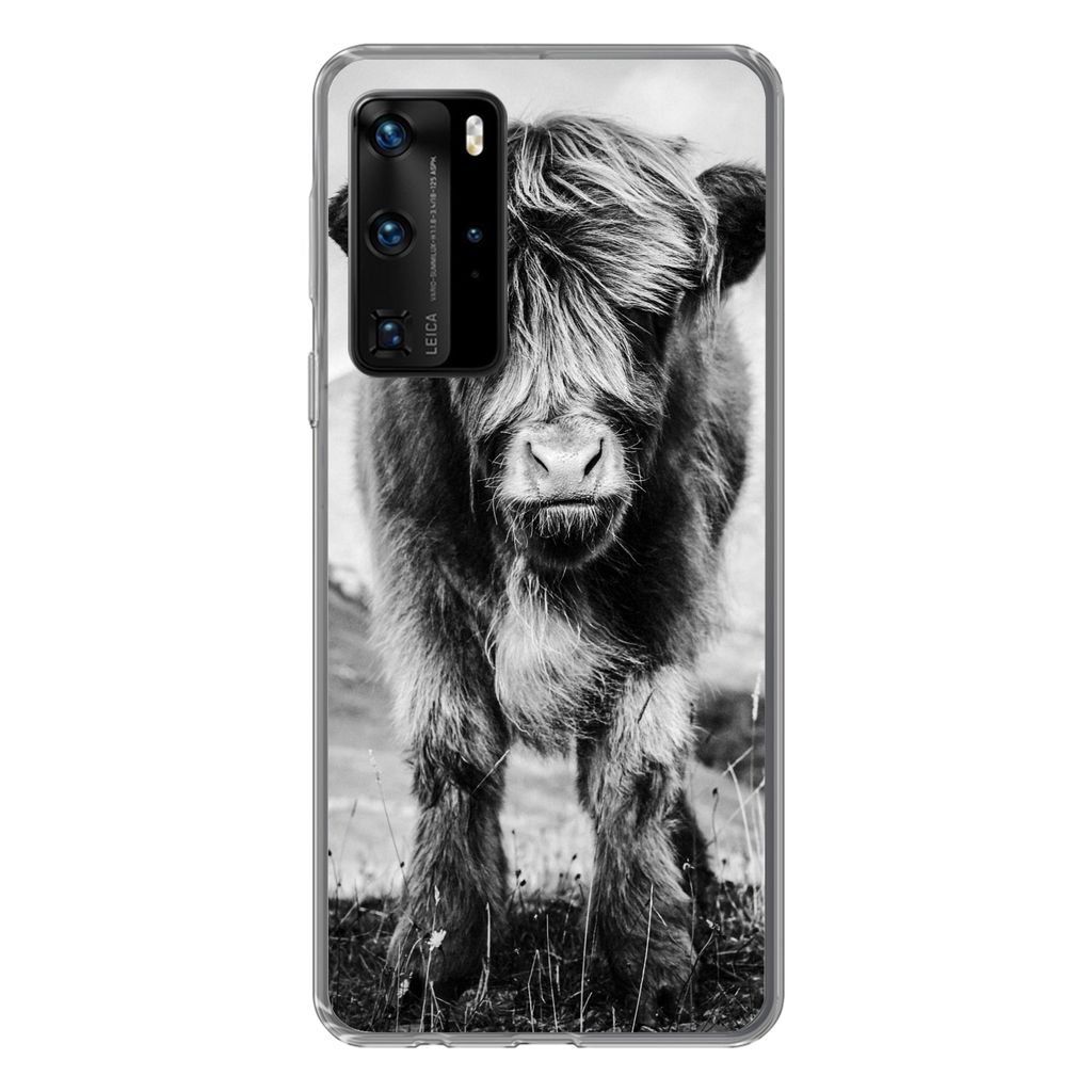 MuchoWow Handyhülle Schutzhülle Hülle für Huawei P40 Pro Schottischer Highlander - Berg - Schwarz - Weiß Silikon Softcase Handy Hülle - Schutz
