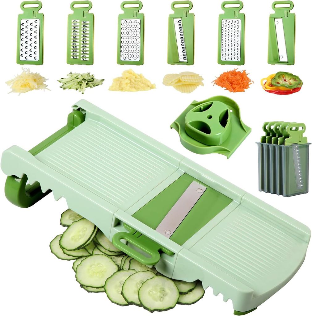 A set of kitchen mandoline slicers and graters with various attachments and sliced vegetables.