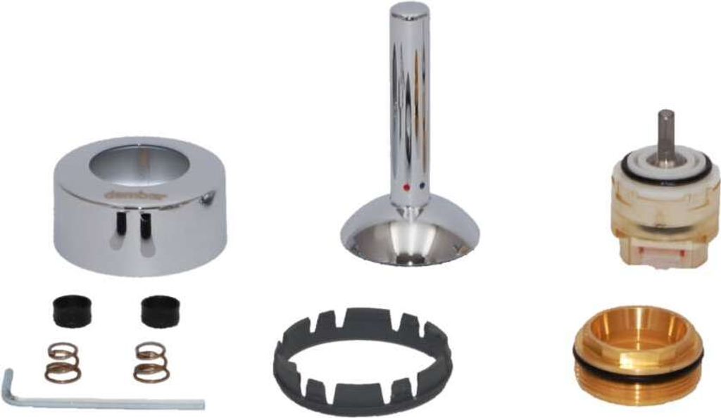 A collection of plumbing parts laid out on a white background.
