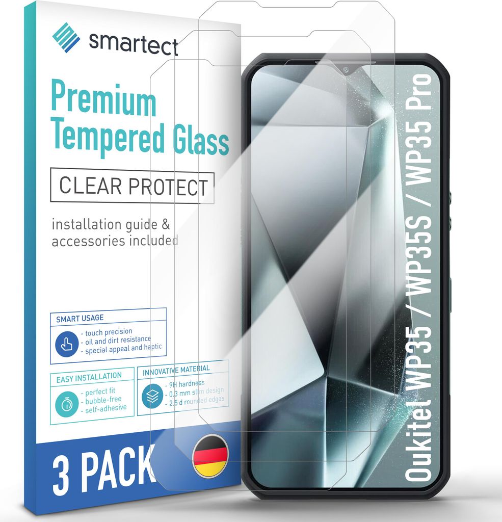 A product shot of a 3-pack of screen protectors for a smartphone, with the packaging and a phone displaying the screen protector.