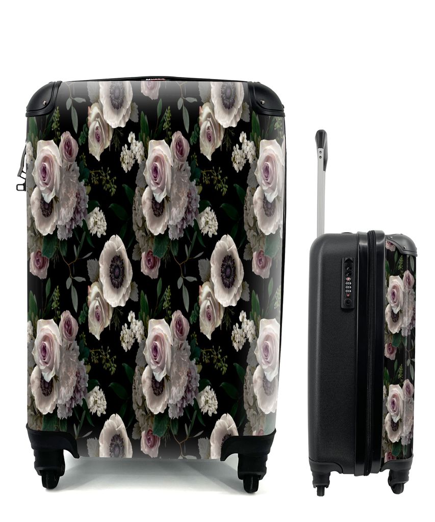 MuchoWow Koffer Handgepäck Trolley Rollkoffer Kleine Reisekoffer mit 4 Rollen - Blumen - Rosa - Rosen - Anemone - Cabin Size < 55x40x23 cm & 55x...