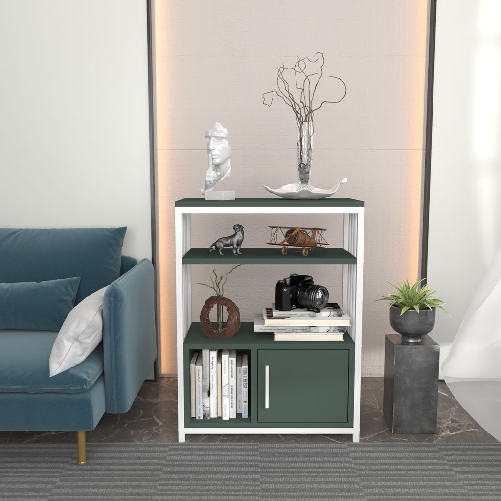 Decorotika Letos Bücherregal Metallstruktur, Fach und Schrank mit Türen, Höhe 80 cm | Dunkelgrün & Weiß