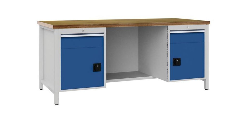 Werkbank signalblau lichtgrau B2000xH859xT750mm Buche Multipl.40mm 2 Schub.2 Tür