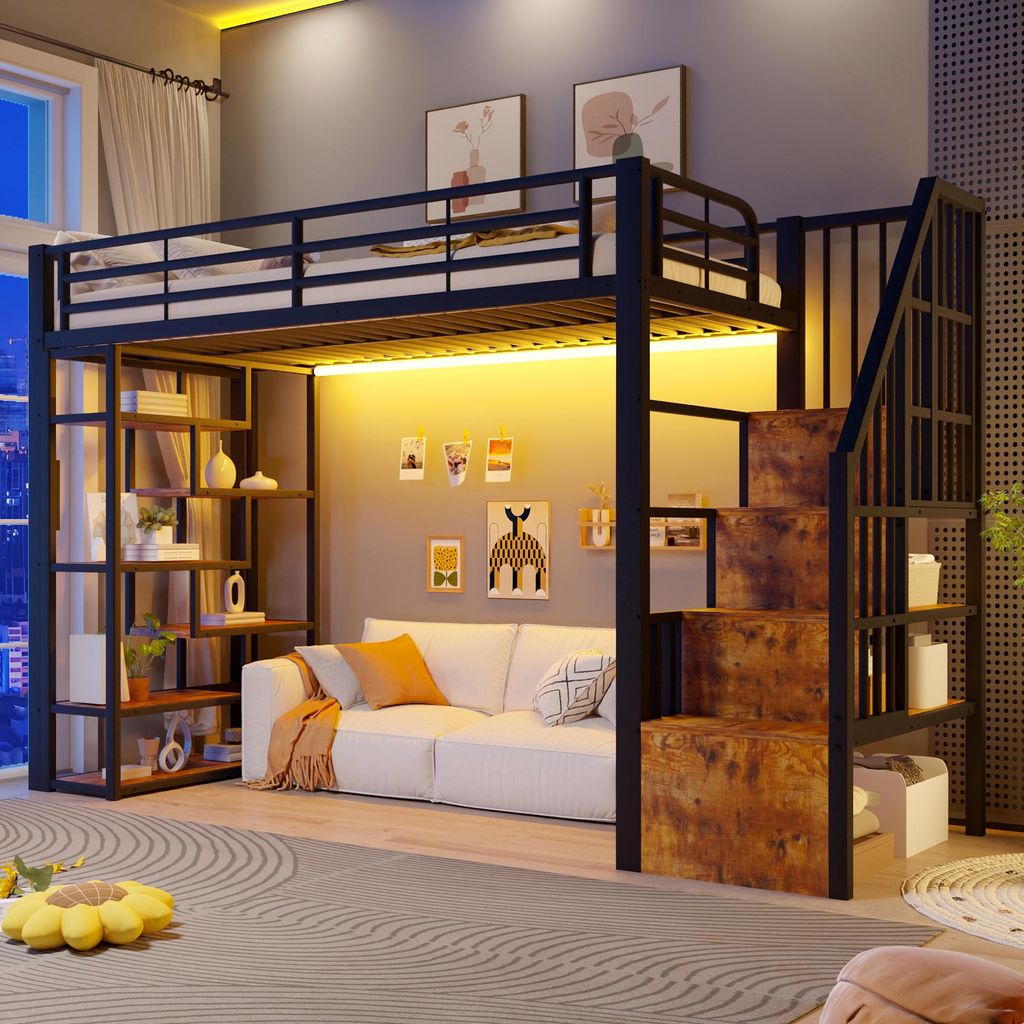 Letto a soppalco 90x200 cm con striscia LED, gradini Immagine del prodotto 