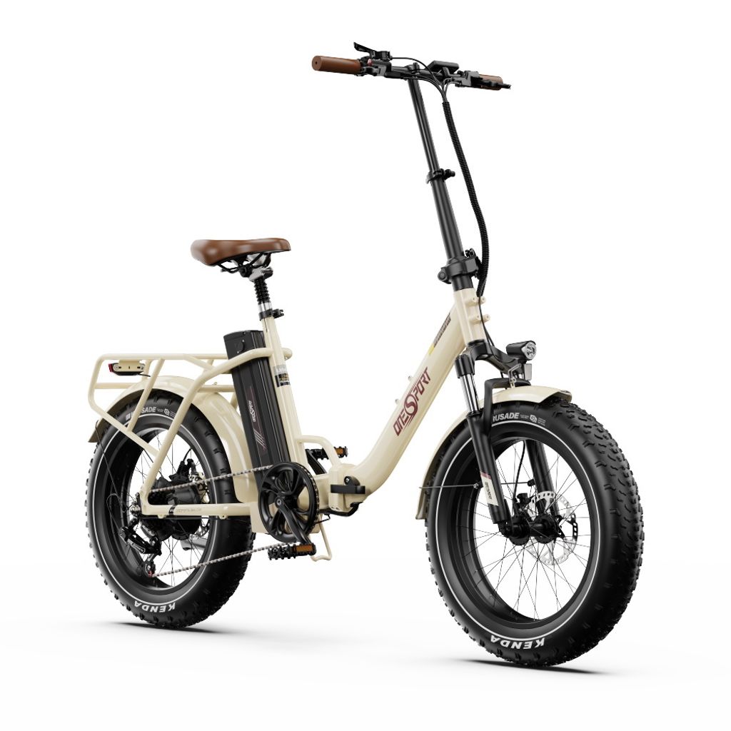 A studio shot of a cream-colored electric folding bicycle against a white background.
