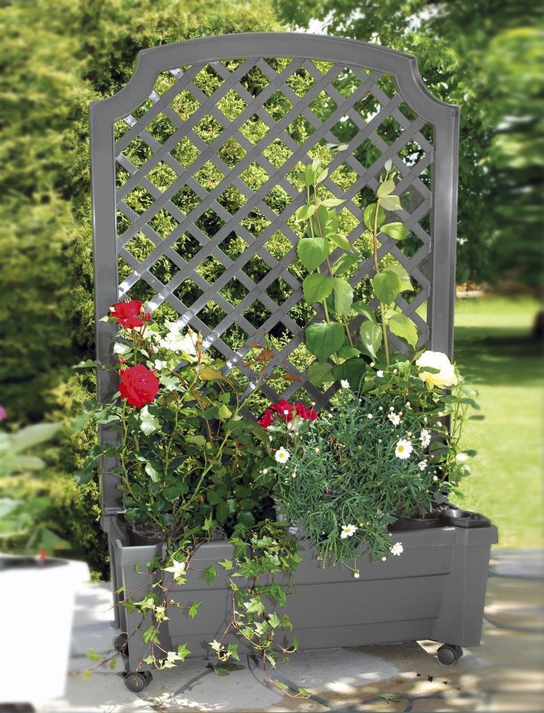 KHW Pflanzkasten Calypso mit Spalier, Rollen + Bewässerung ca. 134 x 79 x 35 cm, Farbe grau