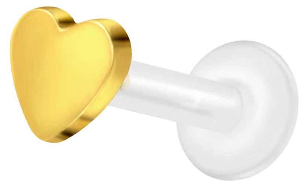 Ohrpiercing, Nasenpiercing PTFE Labret mit Innengewinde + Titan-Aufsatz HERZ Gold Stablänge: 8mm | Stabstärke: 1,2mm