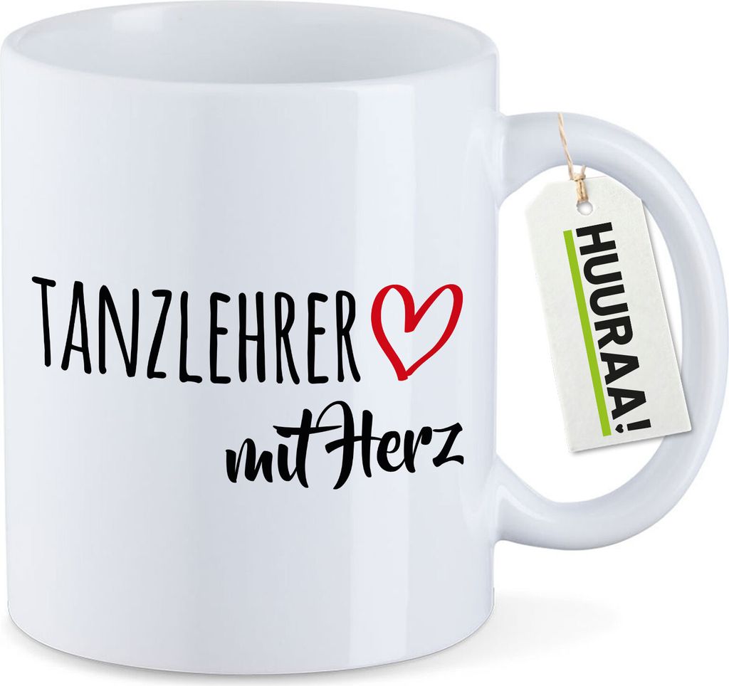 Huuraa Kaffeetasse Tanzlehrer mit Herz 330ml Weiß Keramik Kaffeebecher Geschenkidee