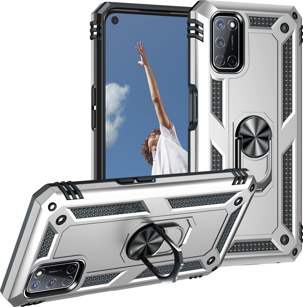 OPPO A52/A72/A92 4G Hülle, Dual Layer Militäre Fallschutz Schutzhülle mit Ringhalterung Ständer für OPPO A52/A72/A92 4G Silber