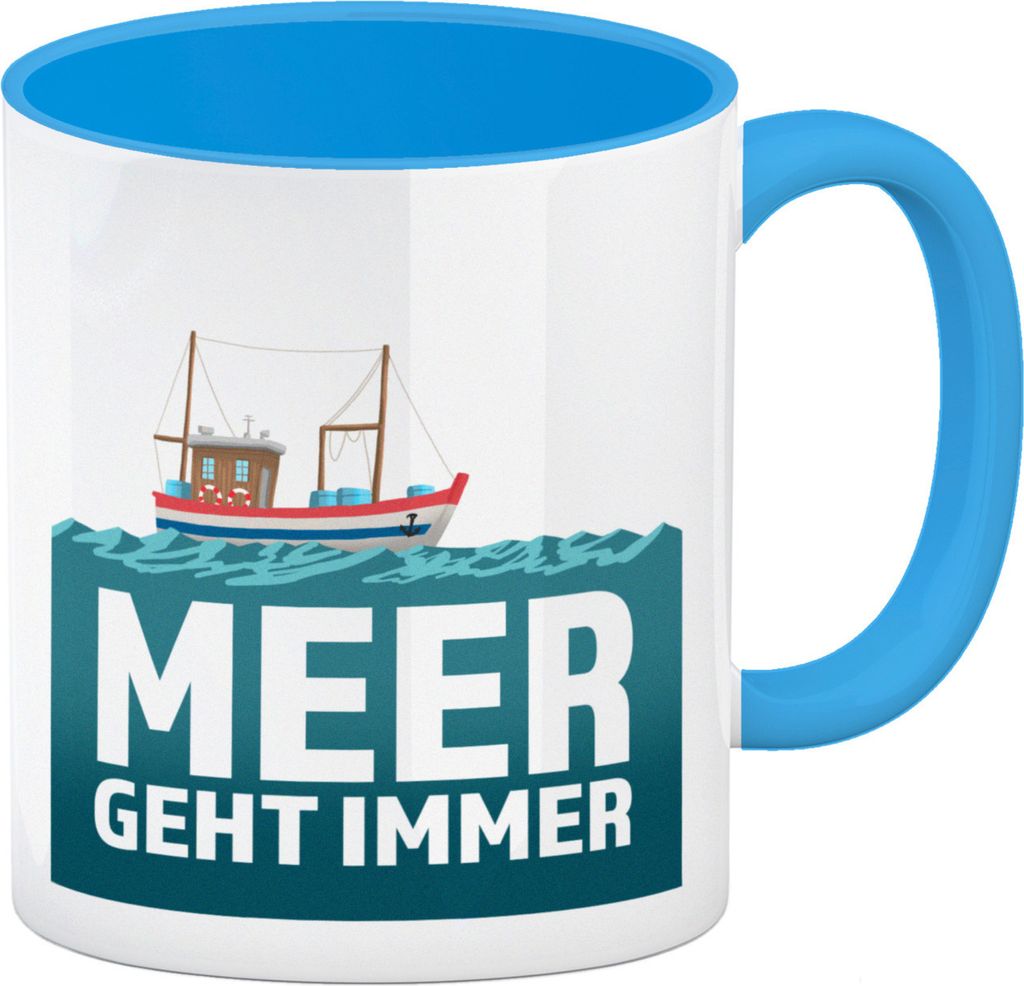 Meer geht immer Kaffeebecher Hellblau mit Boot für Urlauber