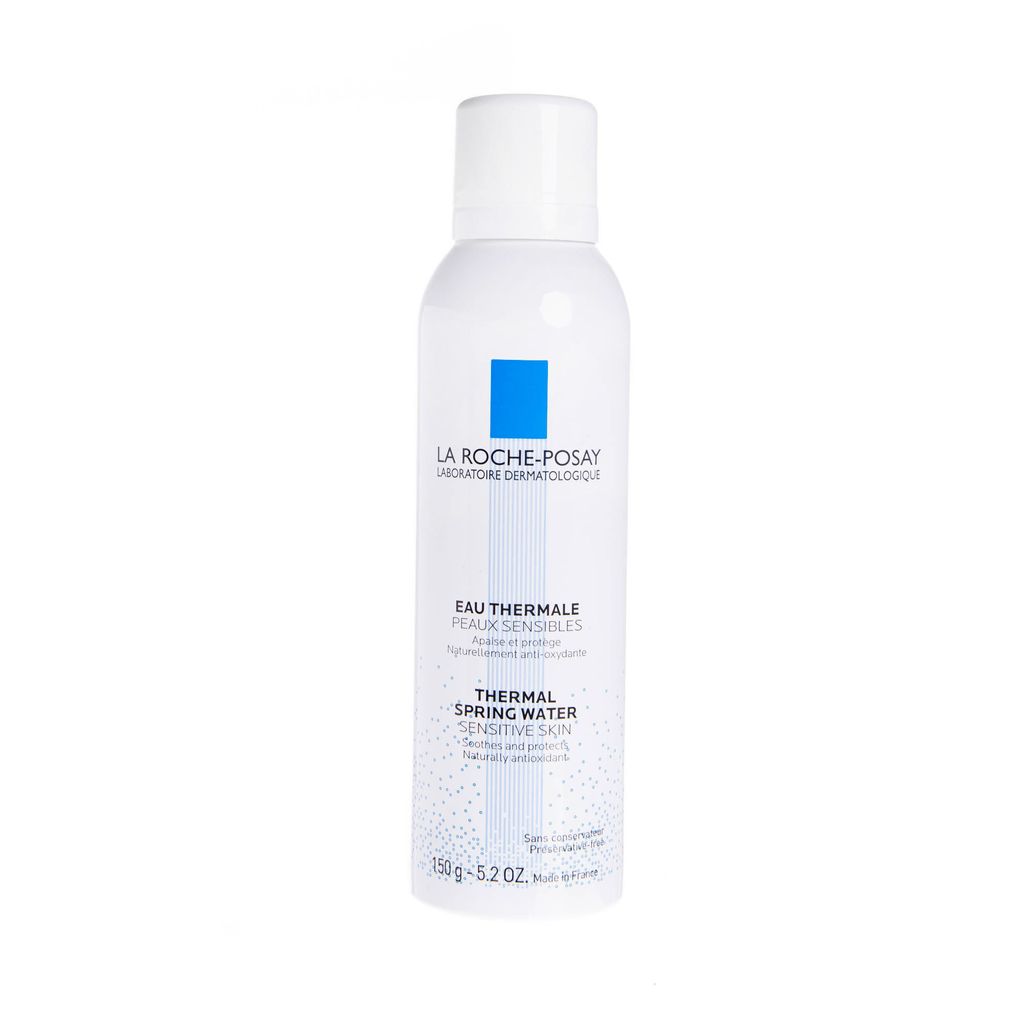 A white spray bottle of La Roche-Posay Thermal Spring Water for sensitive skin, isolated on a white background.