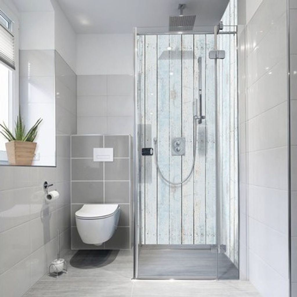 Duschrückwand-Folie mySpotti Fresh Wood Light Blue 90 x 210 cm