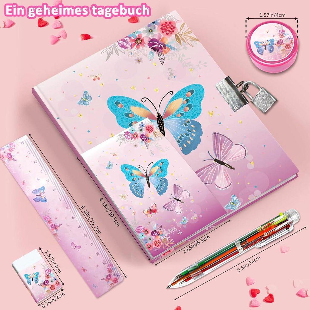 Tagebuch Mädchen Mit Schloss - Schmetterling Hardcover Notizbuch - 17.8x13cm Bunt Stift Lineal Anspitzer Radiergummi Kinder Geschenk